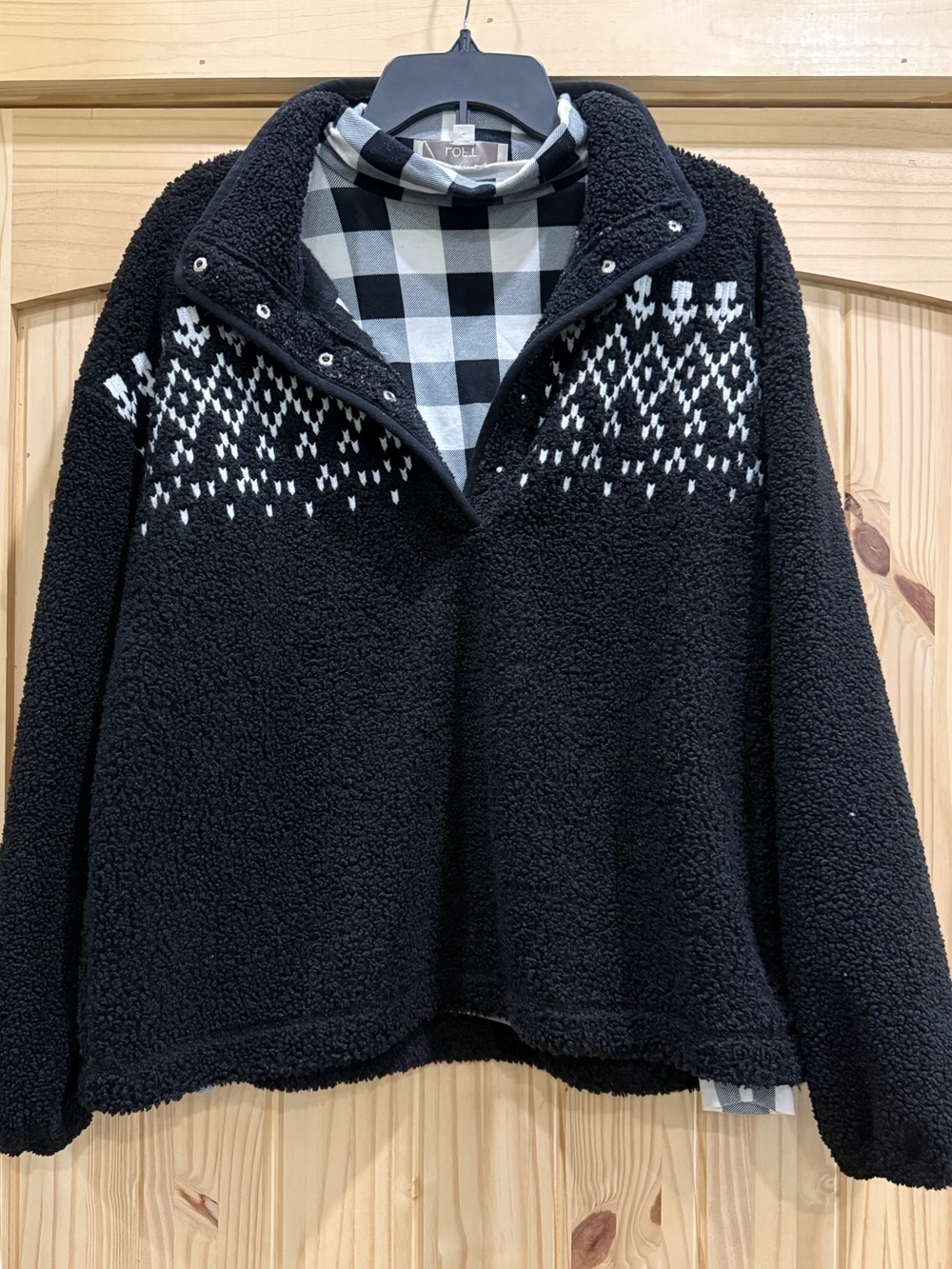 LOFT Black Sherpa Fair Isle Snap Neck Pullover & Turtleneck top